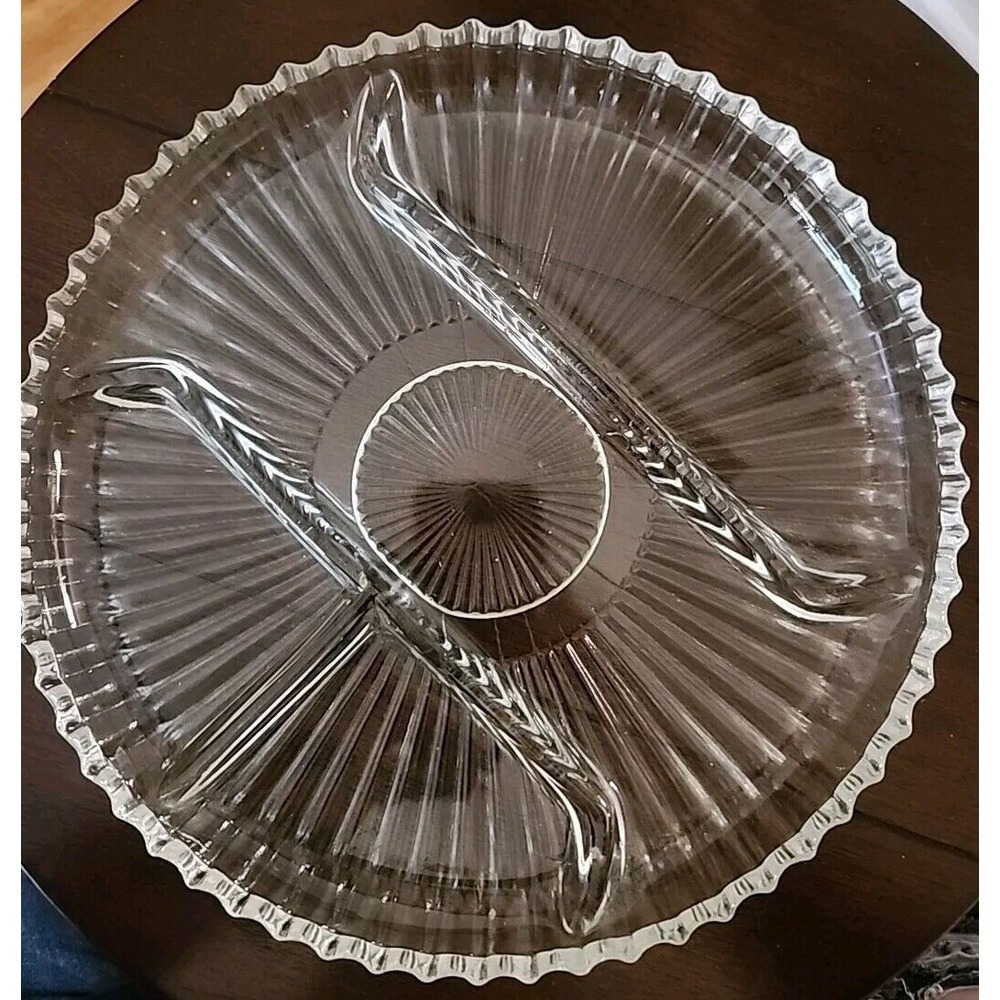 Vintage 4 Section Diamond Clear Glass Ribbed 10" Relish Tray